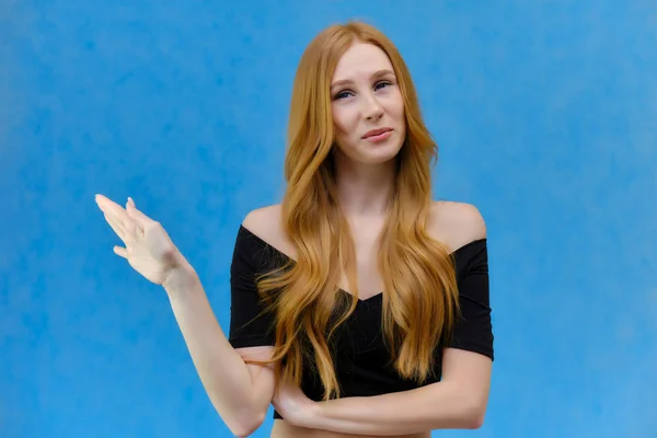 Concept Portrait Pretty Beautiful Red Haired Girl Talking Blue Background — Stock Photo, Image