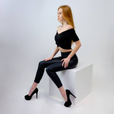 Kavramı Studio bir küp kamera önünde oturan gri bir arka plan üzerinde konuşurken bir çok güzel kızıl saçlı kız portresi. Farklı pozlar farklı duygular gösteriyorlar.