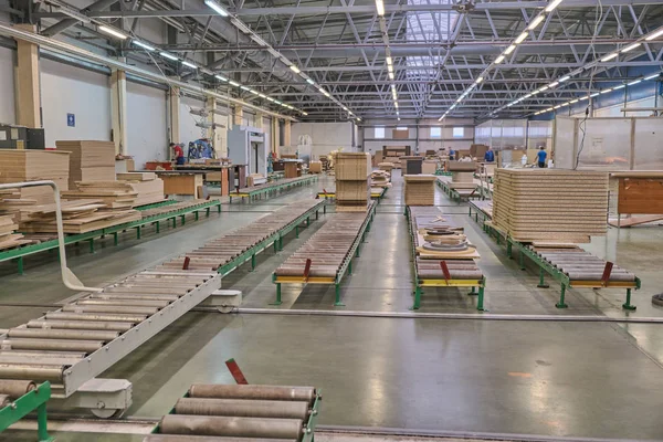 Układanie Płyt Wiórowych Dla Przetwarzania Produkcji Mebli Przedsiębiorstwie Drewna Linii — Zdjęcie stockowe