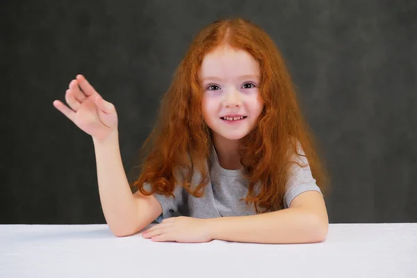 Έννοια πορτρέτο του ένα χαριτωμένο παιδί όμορφο κορίτσι με κόκκινα μαλλιά σε ένα γκρίζο φόντο, χαμογελώντας και μιλώντας. — Φωτογραφία Αρχείου