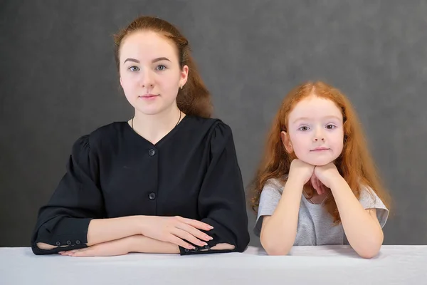 Έννοια πορτρέτο των δύο αδελφές χαριτωμένο όμορφα κορίτσια με τα κόκκινα μαλλιά σε ένα γκρίζο φόντο, χαμογελώντας και μιλώντας. — Φωτογραφία Αρχείου