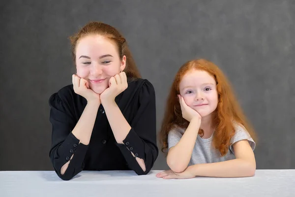 Retrato de conceito de duas irmãs bonitas bonito meninas com cabelo vermelho em um fundo cinza sorrindo e falando . — Fotografia de Stock