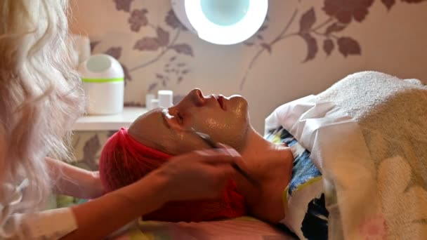La esteticista masajea la cara del dispositivo con la paciente mujer . — Vídeo de stock
