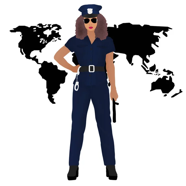 Freehand drawing of a policewoman woman with wavy brown hair in a black and blue police uniform, with a syngay cap, standing and smiling on a white background with a world map.