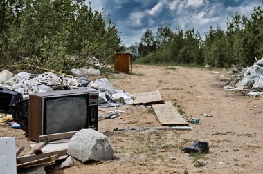 Çöplerin ve dışarıdaki çöplerin fotoğrafı. Bulutlu havada yapılmış çerçeve