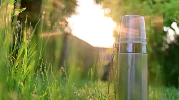 Video van een thermoskan in de avondzon op een achtergrond van een landschap zonder mensen. — Stockvideo