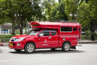 Chiangmai, Tayland - 10 Ağustos 2018: Kırmızı Mini kamyon taksi Chiangmai. Hizmet Chiangmai şehir içinde. Chiangmai şehrinde yolda fotoğraf.