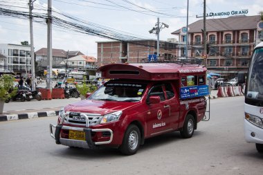 Chiangmai, Tayland - 8 Ağustos 2018: Kırmızı Mini kamyon taksi Chiangmai. Hizmet Chiangmai şehir içinde. Ana otobüs istasyonuna Chiangmai, fotoğraf.