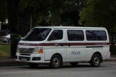 Chiangmai, Tayland - 31 Temmuz 2018: Polis Van araba Royal Thai polisinin. Fotoğraf Chiangmai city Road.