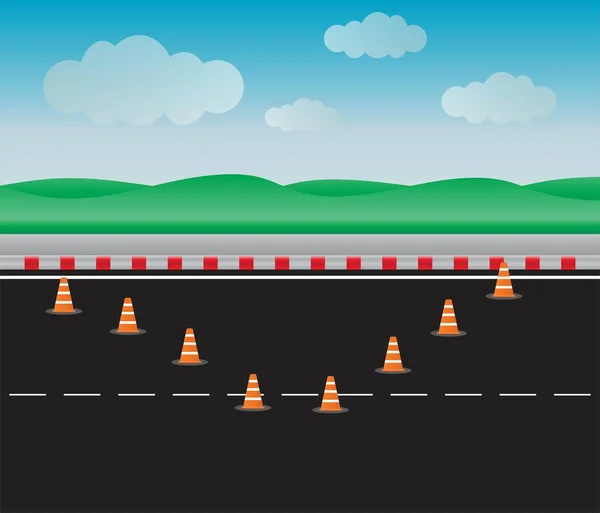 Conjunto Cono Tráfico Carretera Con Fondo Paisaje — Vector de stock