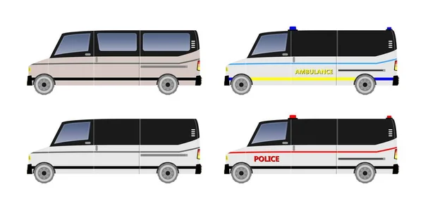 Set Van Car Passenger Cargo Police Ambulance Vector Illustration — Stock Vector