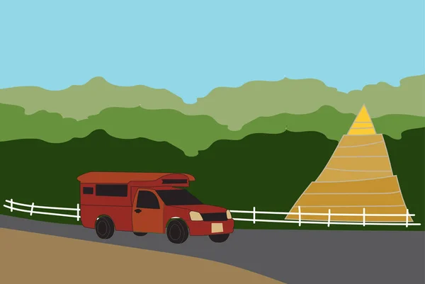 红色拿起卡车出租车清迈与自然和宝塔背景向量 — 图库矢量图片