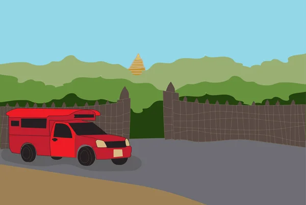 Roter Pickup Taxi Chiang Mai Mit Natur Und Tor Hintergrundvektor — Stockvektor