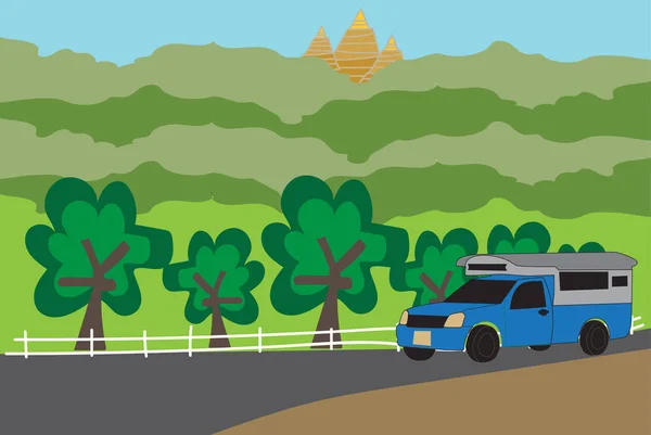 Camion Bleu Pick Taxi Nan Avec Fond Nature Vecteur — Image vectorielle