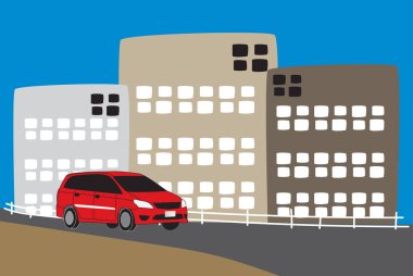 Bina şehir vektör ve illüstrasyon ile MPV araç