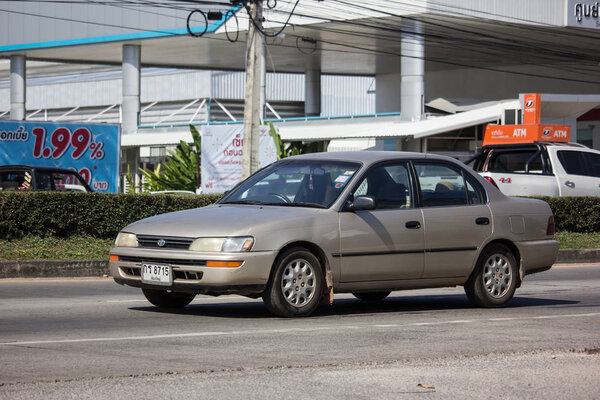 Chiangmai, Thailand - January 14 2019: Private Old car, Toyota Corolla. Photo at road no 121 about 8 km from downtown Chiangmai, thailand.