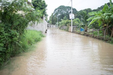 Chiangmai, Tayland - 5 Ağustos 2020: muson depresyonundan dolayı asfalt yolda sel baskını. Fotoğraf: Chiangmai şehrinin kenar mahalleleri..
