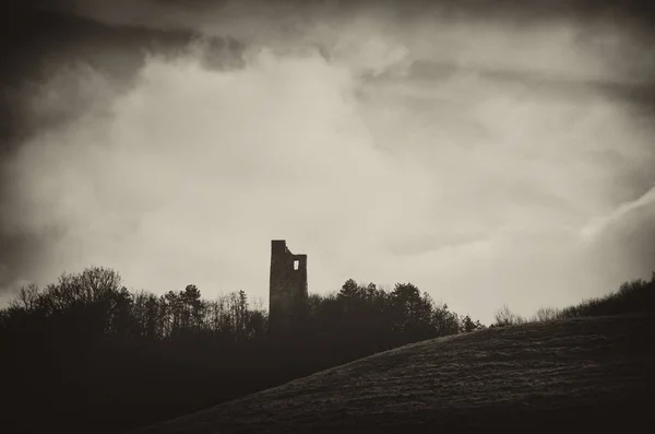 Темний Краєвид Середньовічними Вежами Руїни Вінтажний Стиль Сепія Фото — стокове фото