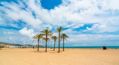 Deniz, palmiye ağaçları ve Cullera şehir Beach'te deniz üzerinden görüntüleyin. Valencia bölge. İspanya
