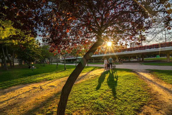Lidé chodí na teplý jarní večer při západu slunce v Turia park. Valencia. — Stock fotografie
