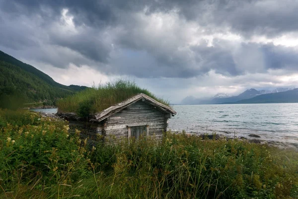 Cabaña de madera tradicional con techo de hierba, Noruega . —  Fotos de Stock
