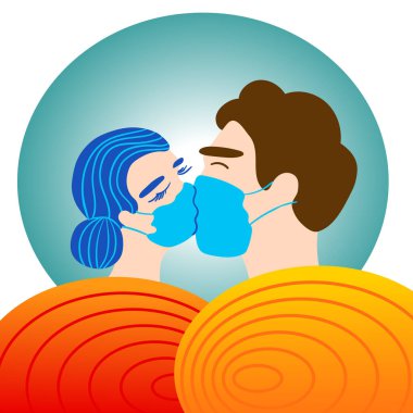 Karantina döneminde, öpüşen bir adam ve maskeli bir kızın vektör çizimi. Salgın covid-19 sırasındaki aşk ve ilişkiler. Coronavirus karantina konsepti.
