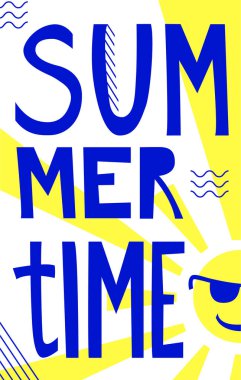 Logo, şablon, davetiye, tebrik kartı, baskılar ve posterler için sezonluk tatil mektupları. Yaz Saati 'ne karşı güneş gözlüklü arka plan ışınları yayılıyor..