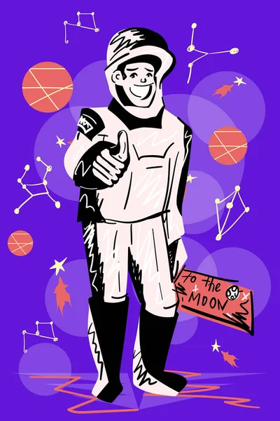 Stockvektor Illustration Lycklig Astronaut Som Håller Ett Tecken Handen Till — Stock vektor