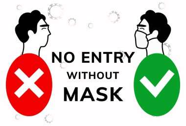 Yüz maskesi olmadan giriş yok. Tıbbi grip maskesindeki karakterin stok vektör çizimi. Korunma ve önleme koronavirüsü reklamı. Sadece maske altında, maskesiz geçiş yasaktır..