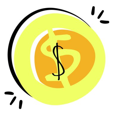 Bir dolar işaretli altın madeni para stok vektör illüstrasyonu. Seo ikonu, dijital pazarlama, yönetim, seo. Bütçe planlama ikonu. Beyaz arkaplanda izole edilmiş basit sarı turuncu para
