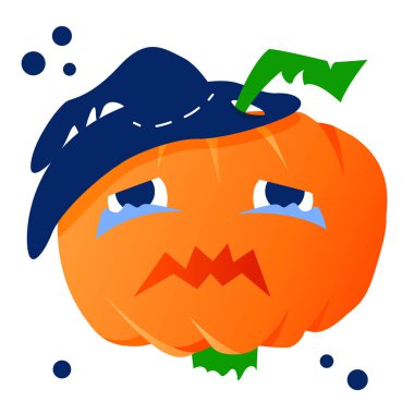 Ağlayan Cadılar Bayramı balkabağının şapkalı hali. Sonbahar tatili. Parti davetiyeleri ya da geleneksel sembollü tebrik kartları için mutlu Cadılar Bayramı ikonu. Beyaz izole arkaplan.