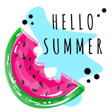 Karpuz logosunun stok vektör çizimi. Merhaba yaz. Poster, baskı, şablon, kart, ikon için taze karpuz dilimi. Mavi arka planda izole edilmiş yaz yemekleri konsepti. Taze sağlıklı yiyecekler..