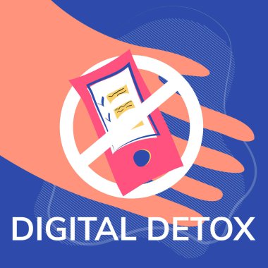 Dijital detoks konseptinin stok vektör çizimi. Smartphone 'un üzerinde avuçlarında yasak işareti var. Dijital bilgi kanallarına olan bağımlılığı durdurun. Duygusal ve psikolojik sağlık.