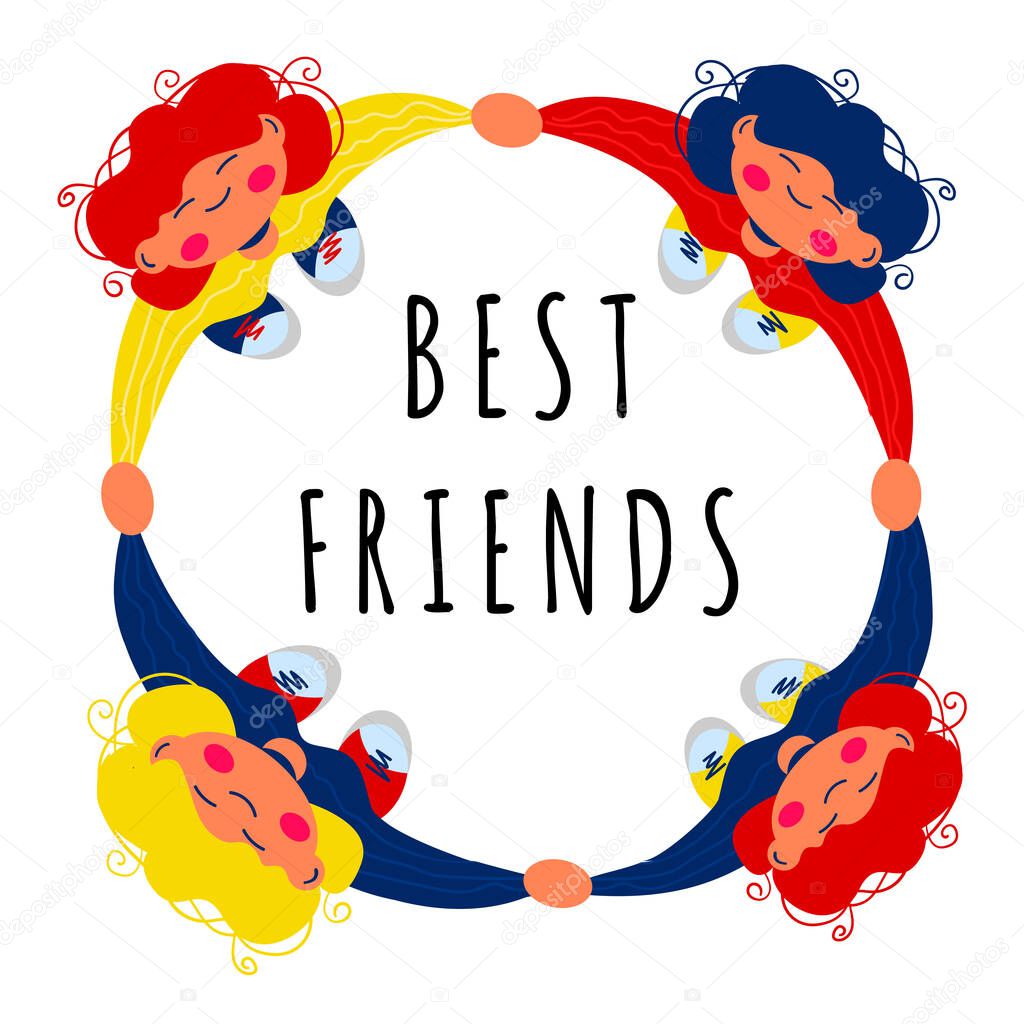 Friendship concept. View from above on four girlfriends which holding hands and look up. Best friends forever. Design for holiday greeting cards, banner, poster, print. Stock vector illustration.