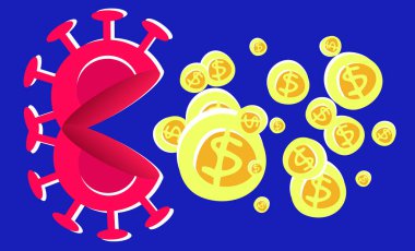 Coronavirus finansal kriz 2020 konsepti. Covid virüsü dolar sikkelerini yutmaya çalışıyor. Salgın Covid-19 küresel ekonomiyi etkiliyor. İşi koru ve kurtar. Stok vektör illüstrasyonu. 