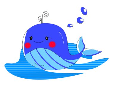 Komik balina. Çizgi film tarzında denizaltı dünyası. Deniz hayatı. Dünya Balina ve Yunus Günü için stok vektör çizimleri. Çocuk odası dekoru baskıları, davetiye, kartpostal, kıyafet kalıpları. 