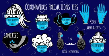 Coronavirus önlemi ipuçları verir. Kendini ve diğerlerini koru. Uyarı, tehlikeli enfeksiyon. Koronavirüs COVID-19 stok vektör seti. Koyu arkaplanda güvenlik önlemleri ve önlemler uyarı işaretleri.