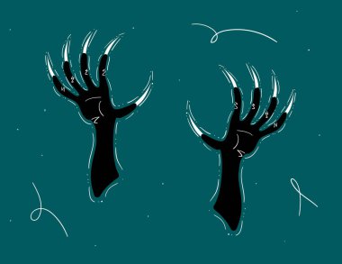 Happy Halloween hand drawn illustration with two scary witch or monster hands with long claws. Stock vector illustration for banner, poster, greeting card, party invitation. Dark background. clipart