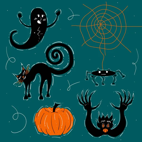 Happy Halloween Hand Drawn Set Scary Ghost Cat Monster Pumpkin — Stock Vector