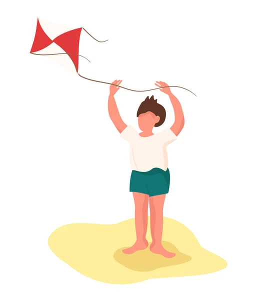 Маленький Счастливый Мальчик Запускает Воздушного Змея Пляже Векторно Плоская Цветная — стоковый вектор