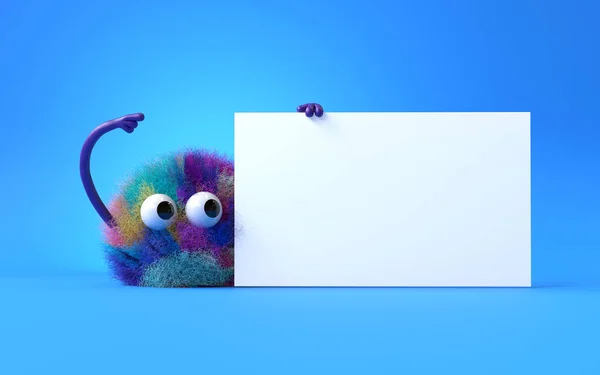 Cute Monster Holding Blank Sign Colorful Cartoon Character Empty Banner — стоковое фото