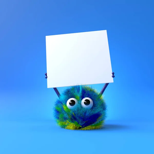 Cute Monster Holding Blank Sign Colorful Cartoon Character Empty Banner — стоковое фото