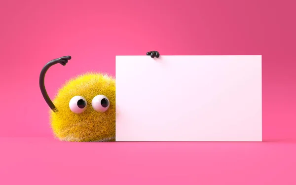 Cute Monster Holding Blank Sign Colorful Cartoon Character Empty Banner — стоковое фото