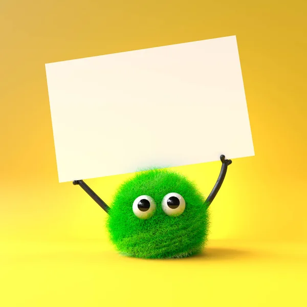 Cute Monster Holding Blank Sign Colorful Cartoon Character Empty Banner — стоковое фото