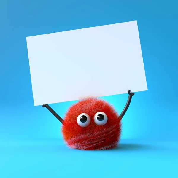 Cute Monster Holding Blank Sign Colorful Cartoon Character Empty Banner — стоковое фото