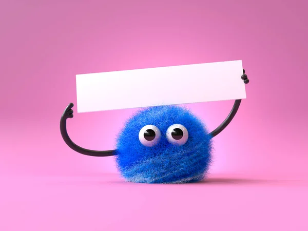 Cute Monster Holding Blank Sign Colorful Cartoon Character Empty Banner — стоковое фото