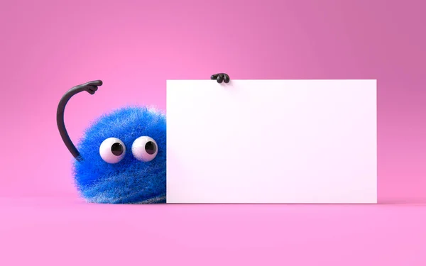 Cute Monster Holding Blank Sign Colorful Cartoon Character Empty Banner — стоковое фото