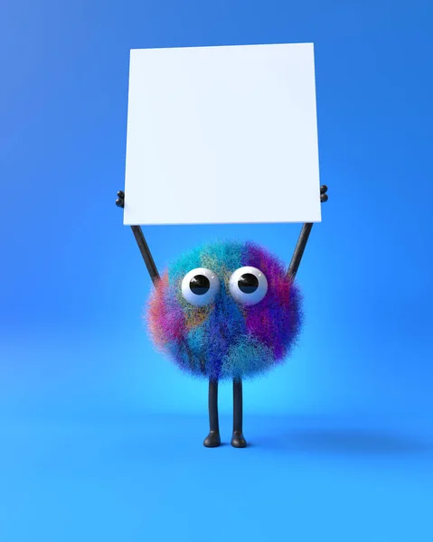 Cute Monster Holding Blank Sign Colorful Cartoon Character Empty Banner — стоковое фото