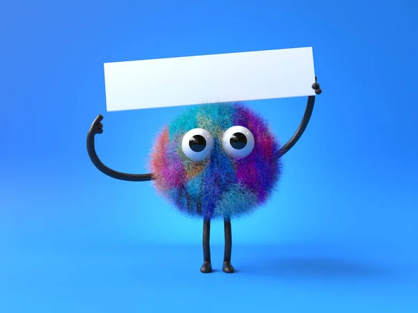 Cute Monster Holding Blank Sign Colorful Cartoon Character Empty Banner — стоковое фото