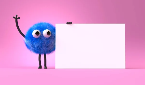 Cute Monster Holding Blank Sign Colorful Cartoon Character Empty Banner Стоковая Картинка